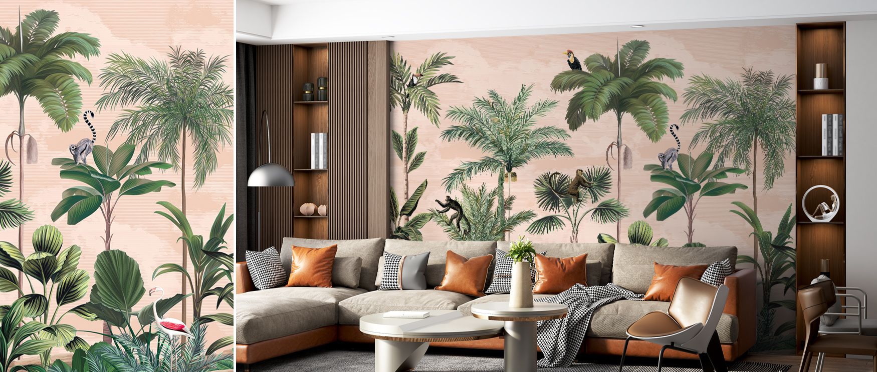 Jungle Delight, Sand Wallpaper reflects natural brilliance with foliage shaded in sand and green tones painted across rhythmic artistry. Living rooms, bedrooms, or bathrooms glow with refined brilliance, enriched by tropical calm, luminous charm, and atmo