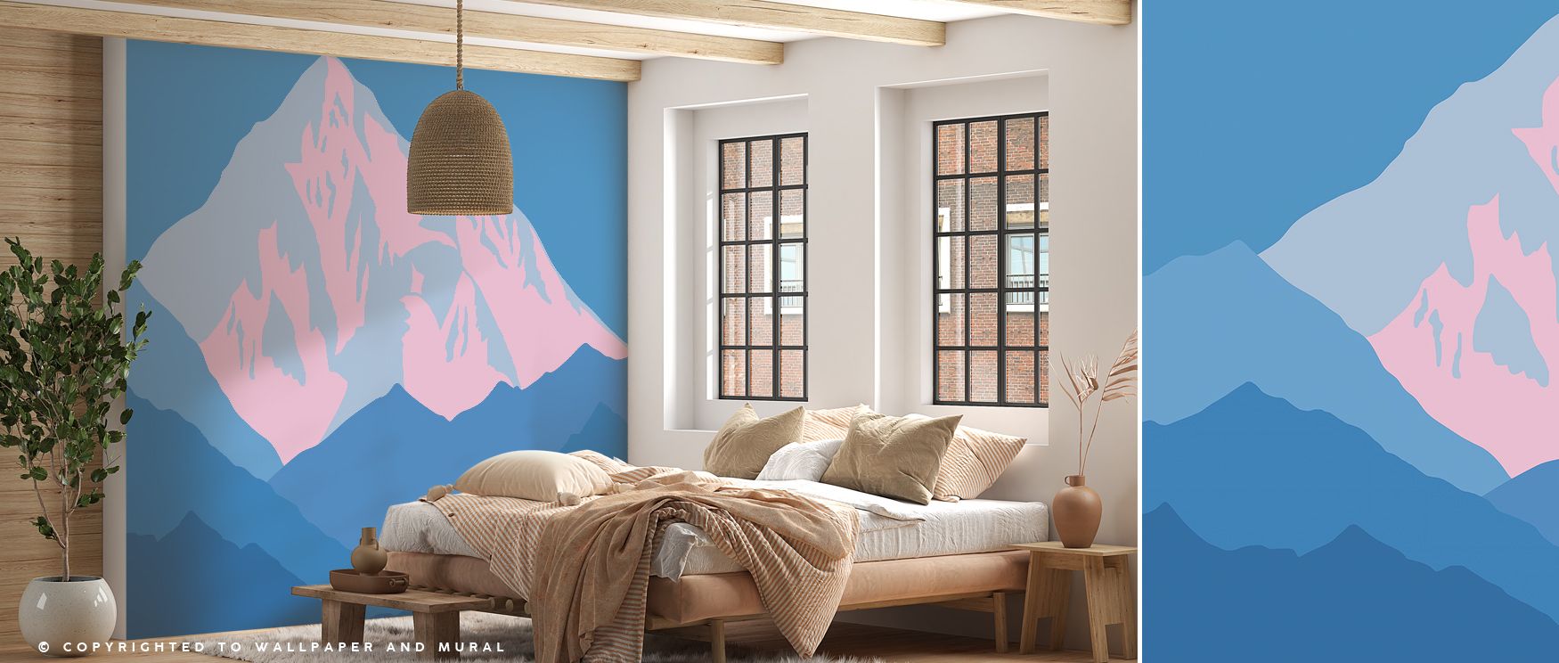 K2 Illustration Wallpaper enhances interiors with mountain forms shaded in gray and blue tones painted in rhythmic harmony. Living rooms, bedrooms, or offices glow with refined brilliance, enriched by luminous calm, natural artistry, and atmosphere of maj