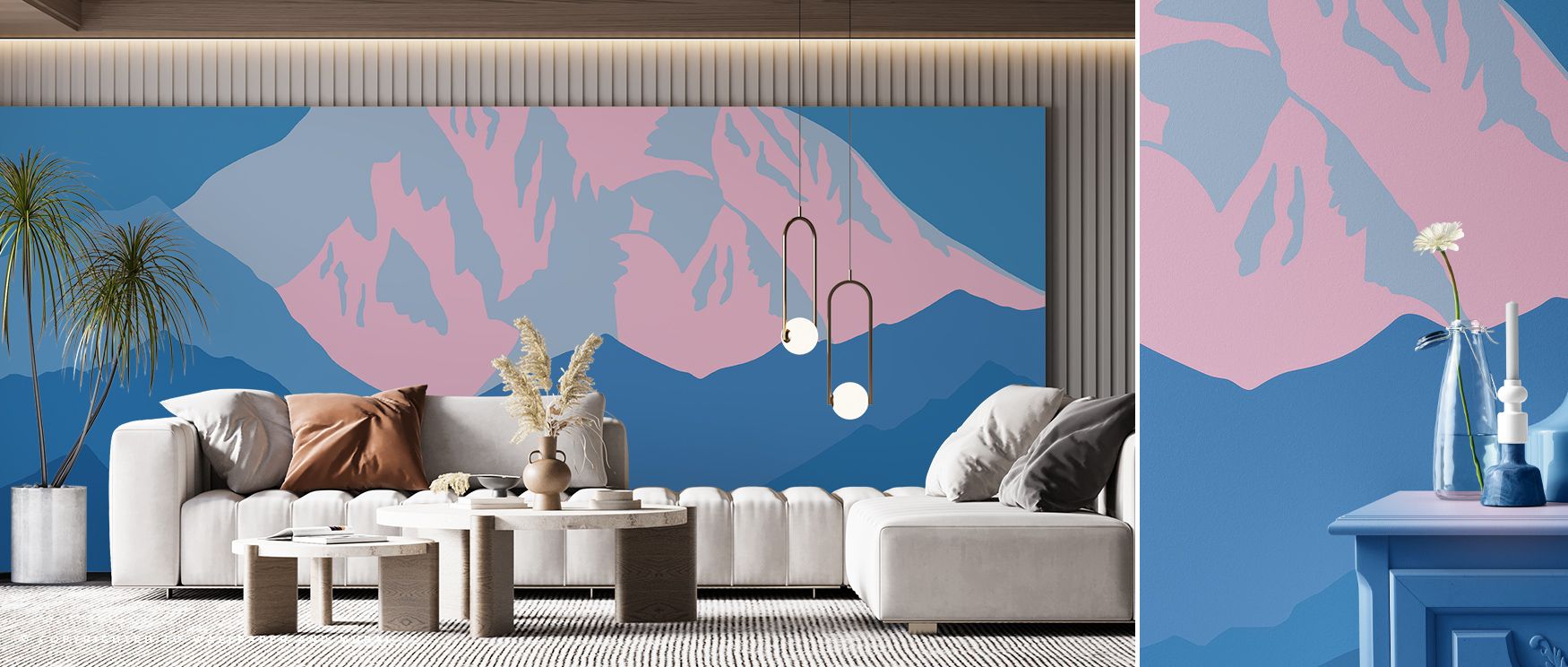 K2 Illustration Wallpaper highlights mountain presence with peaks shaded in gray and blue painted with rhythmic artistry. Offices, bedrooms, or living rooms glow with refined brilliance, enriched by luminous calm, natural charm, and atmosphere of serenity
