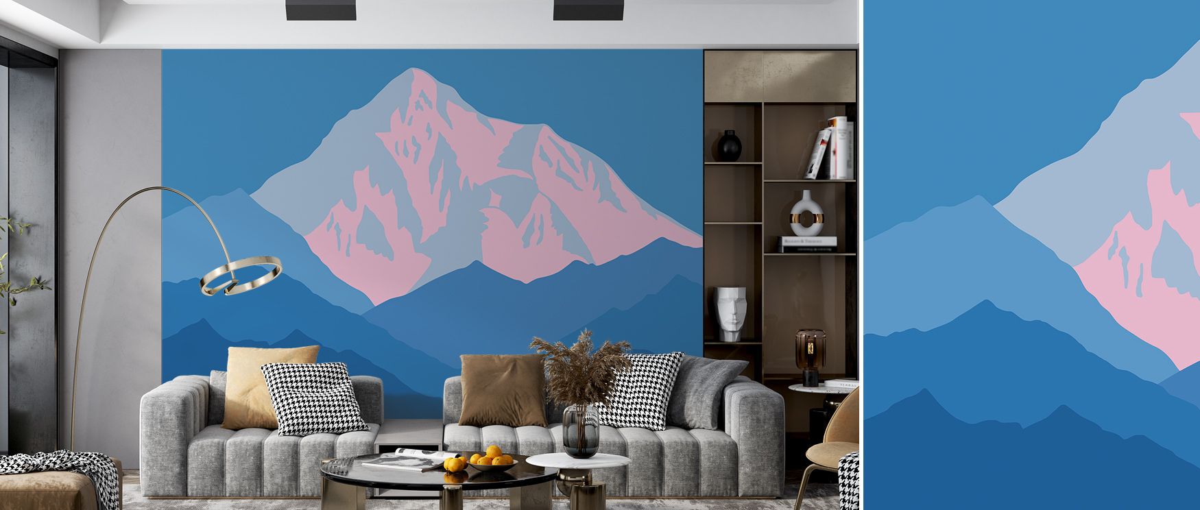 K2 Illustration Wallpaper surrounds interiors with mountain artistry shaded in gray and blue layered across rhythmic compositions. Living rooms, bedrooms, or offices glow with refined brilliance, enriched by luminous calm, natural charm, and atmosphere of