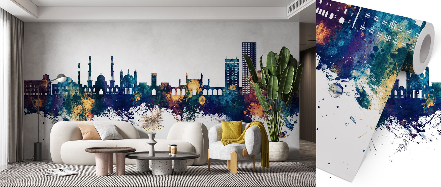 Contrast between luminous bronze and cool blue creates visual rhythm, enriching interiors like offices or living spaces with atmosphere steeped in Afghan character, turning walls into immersive backdrops filled with strength, balance, and refined elegance