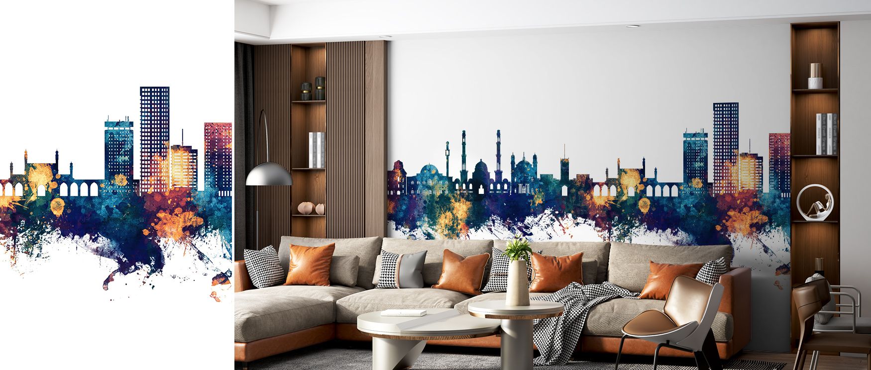 Layers of architectural detail unfold across shadowed skyline, blending bronze and blue into depth that enriches interiors with balance, making living spaces or offices immersive settings filled with artistry and cultural expression. 