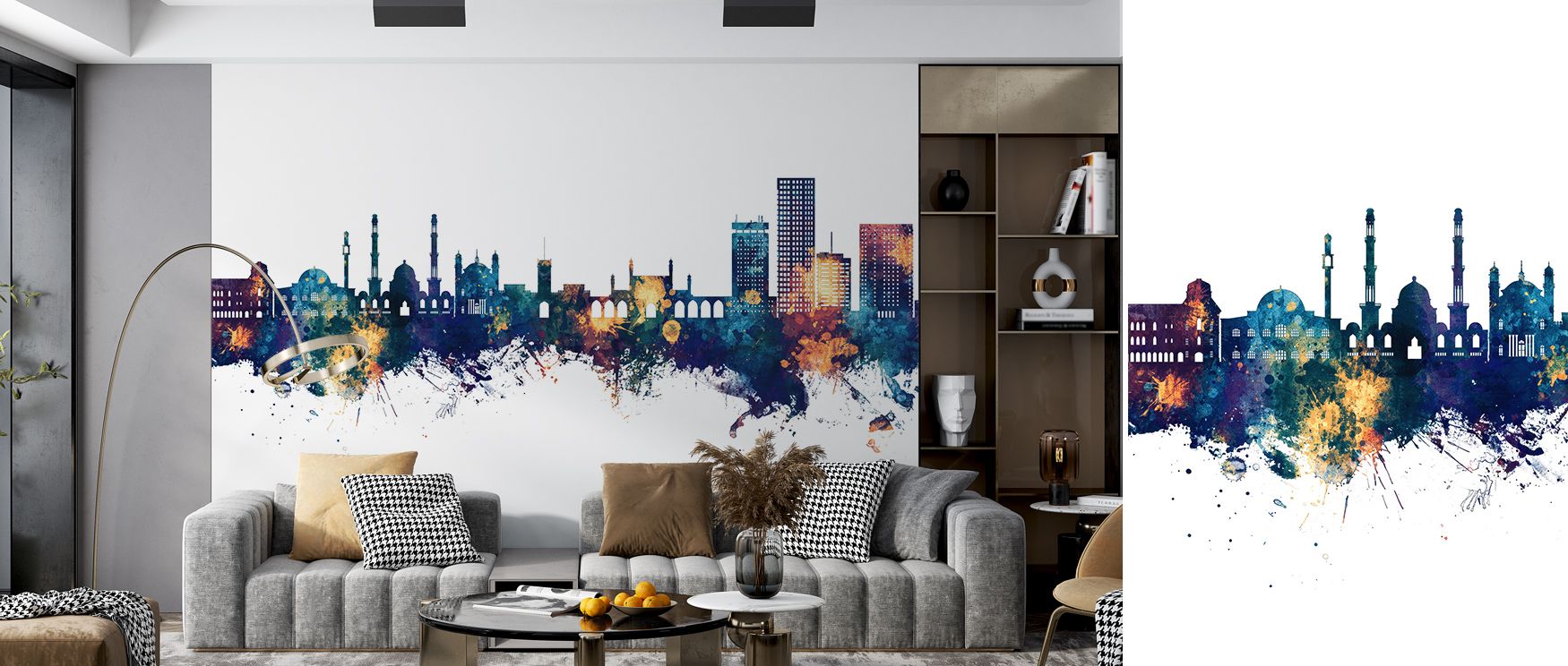 Architectural rhythm flows across layered horizon, bronze glows soft against cool blue, producing atmosphere that enriches interiors with Afghan charm, perfect for offices or living areas filled with sophistication, cultural beauty, and timeless balance.