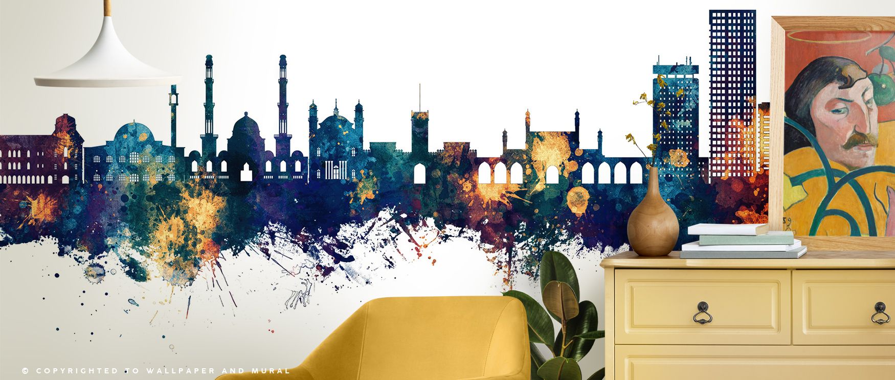 Rising towers outlined in bronze gleam against quiet blue, creating decorative imagery that transforms offices or living rooms into spaces of sophistication, connecting interiors with Afghan heritage expressed through elegant atmospheric detail. 