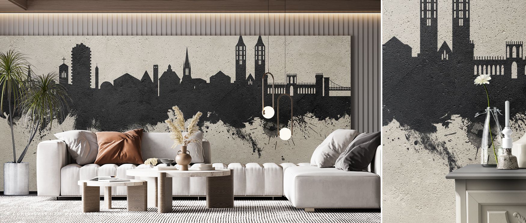 Layers of concrete shading define skyline forms, presenting decorative imagery that enriches bedrooms or offices with cultural artistry and visual depth, turning walls into expressions of urban calm and refined architectural identity. 