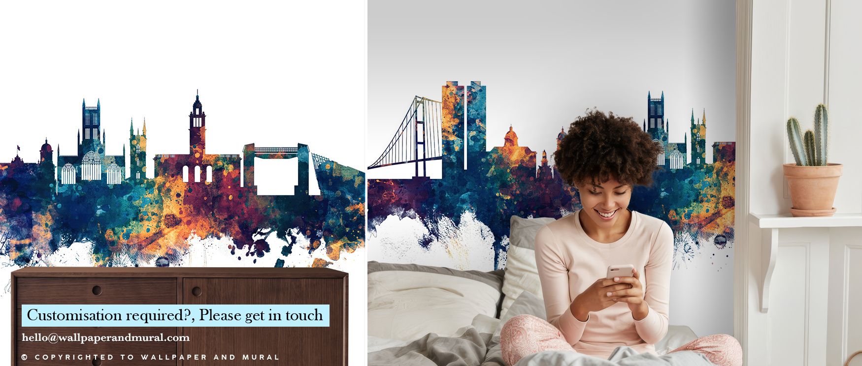 Subtle shading flows across skyline outlines, forming decorative rhythm that enriches interiors with cultural energy, creating living spaces or offices filled with refined elegance, calm balance, and architectural artistry in shimmering bronze and blue. 