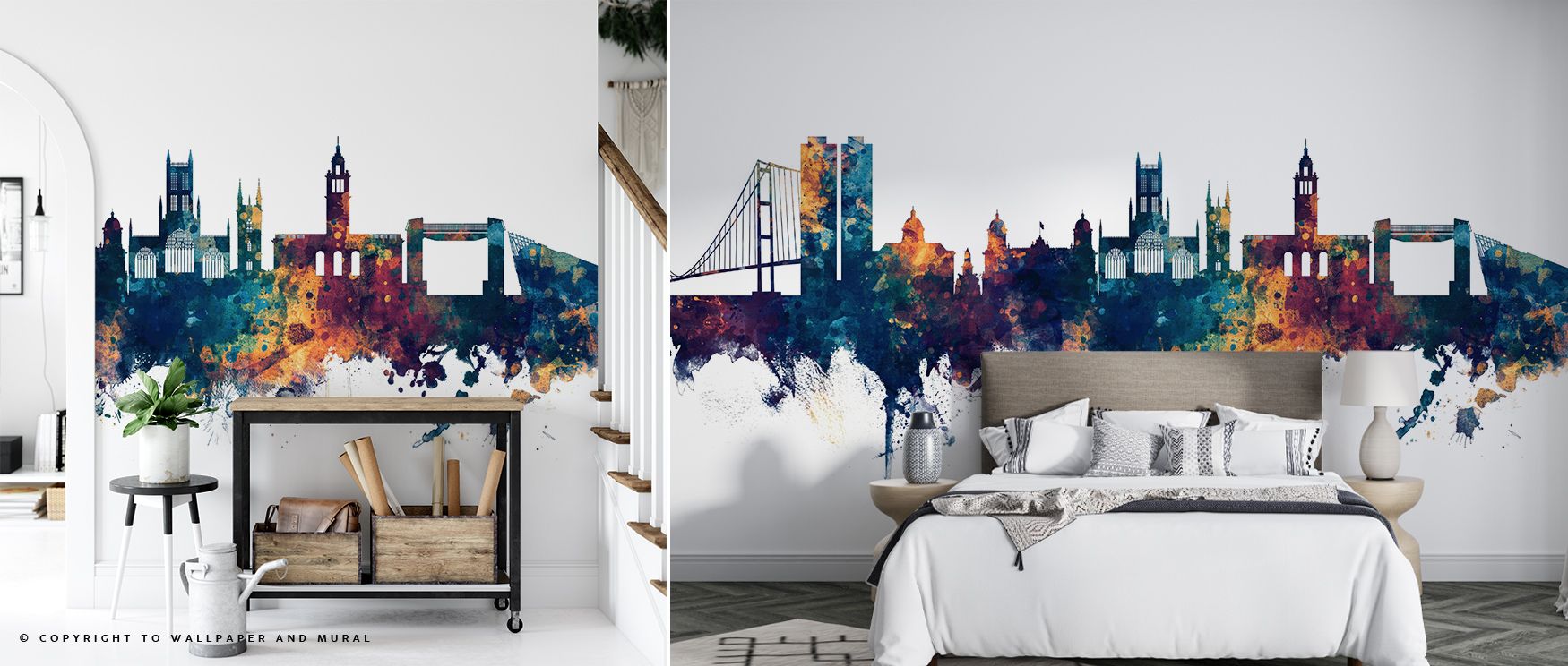 Blue gradients soften horizon while bronze accents glow, producing atmosphere that enhances bedrooms or living areas with cultural charm, decorative sophistication, and balanced artistry expressed through architectural silhouettes. 