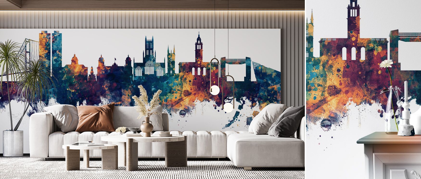 Bronze tones radiate warmth across skyline silhouettes layered in blue depth, transforming interiors such as offices or bedrooms into immersive spaces filled with cultural artistry, decorative balance, and refined elegance. 