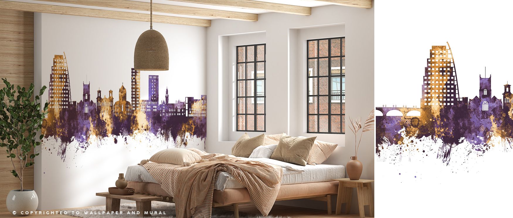 Layers of gold and purple blend into balanced rhythm, producing decorative imagery that enhances living rooms or offices with refined atmosphere, cultural sophistication, and regal artistry expressed through skyline forms. 