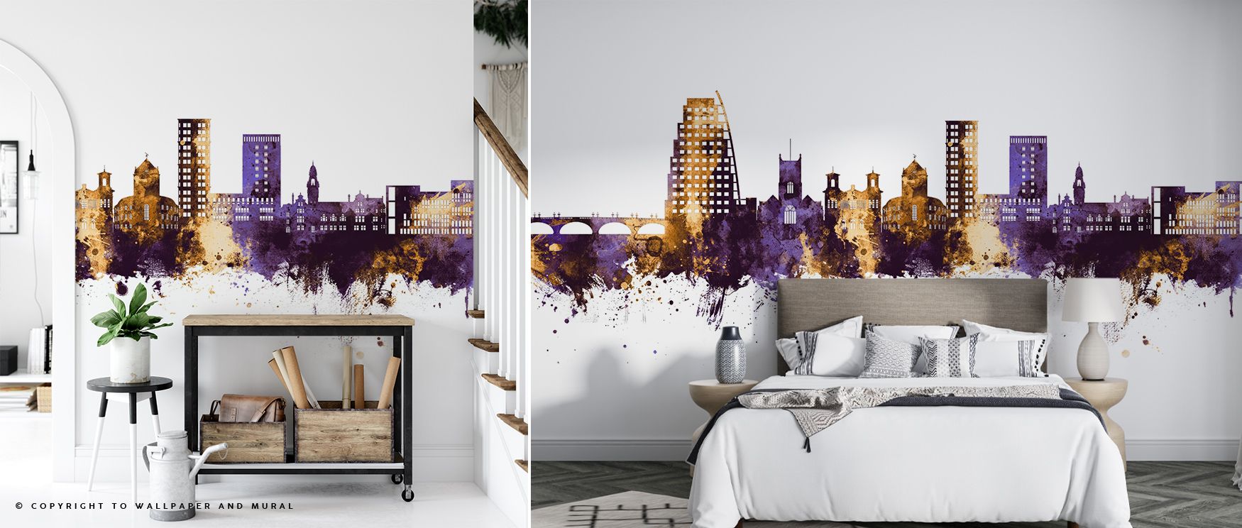 Architectural silhouettes layered in purple and gold create imagery that enriches interiors with refined rhythm, decorative artistry, and cultural sophistication, enhancing offices or bedrooms with contemplative calm and elegance. 