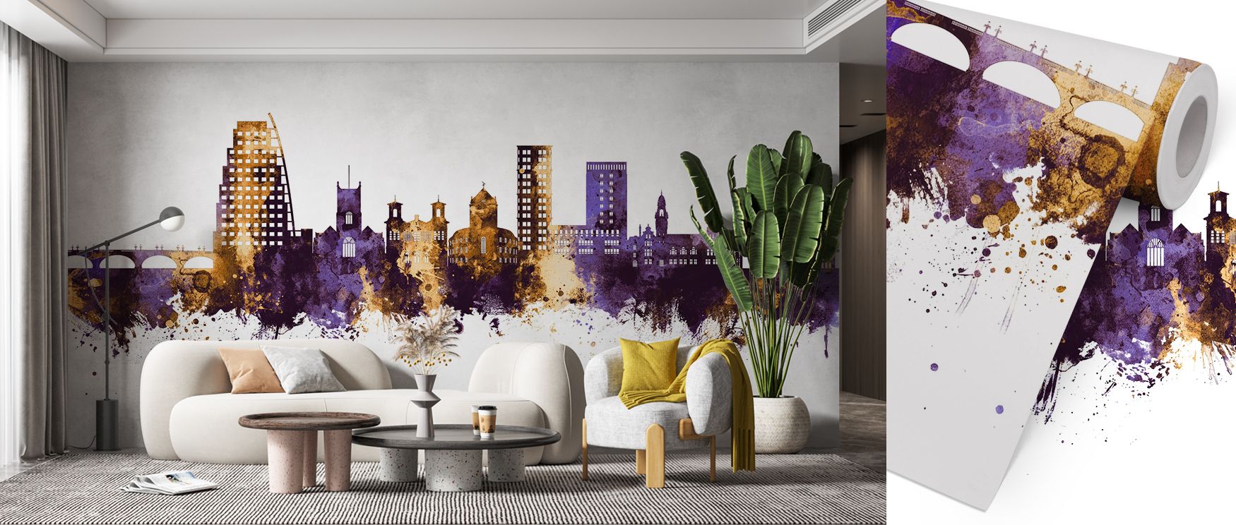 Purple tones softly transition across skyline forms highlighted with gold, enriching living rooms or offices with decorative elegance, refined atmosphere, and cultural resonance expressed in layered architectural artistry. 