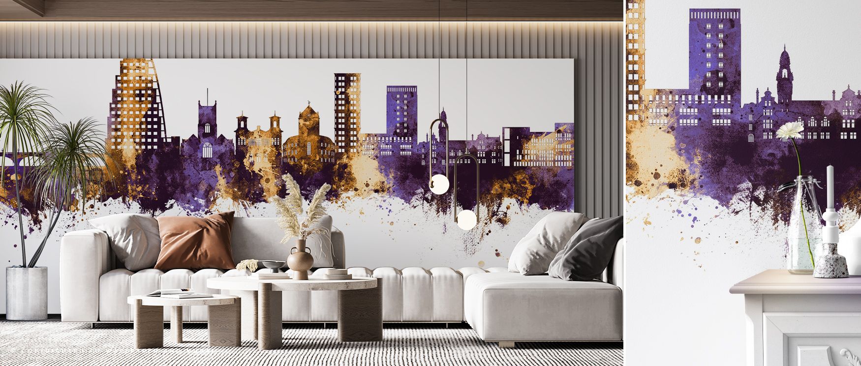 Golden accents highlight skyline silhouettes against purple depth, producing decorative imagery that enhances bedrooms or living rooms with calm elegance, cultural artistry, and refined rhythm shaped in atmospheric tone. 