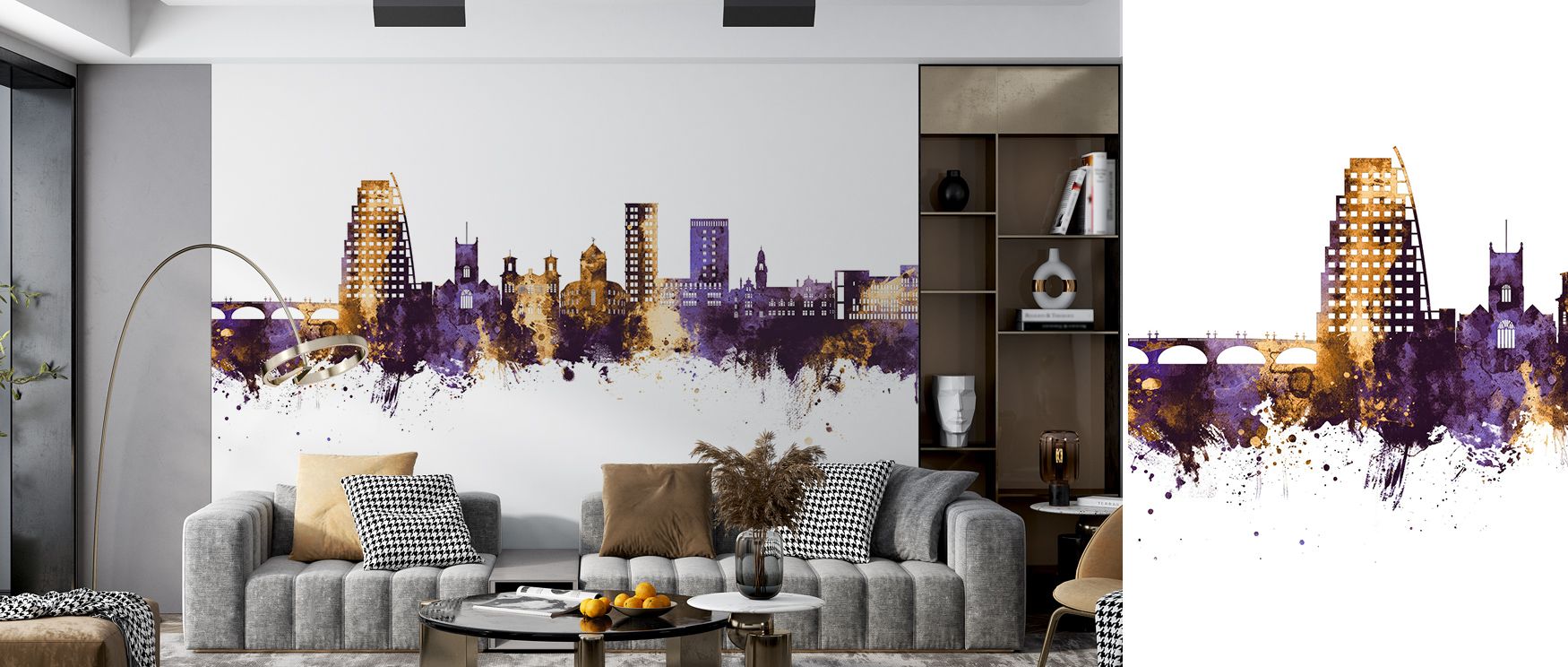 Skyline outlines glow with golden tones layered across purple horizons, producing refined decorative imagery that enriches bedrooms or offices with calm balance, cultural resonance, and sophistication in atmospheric design.