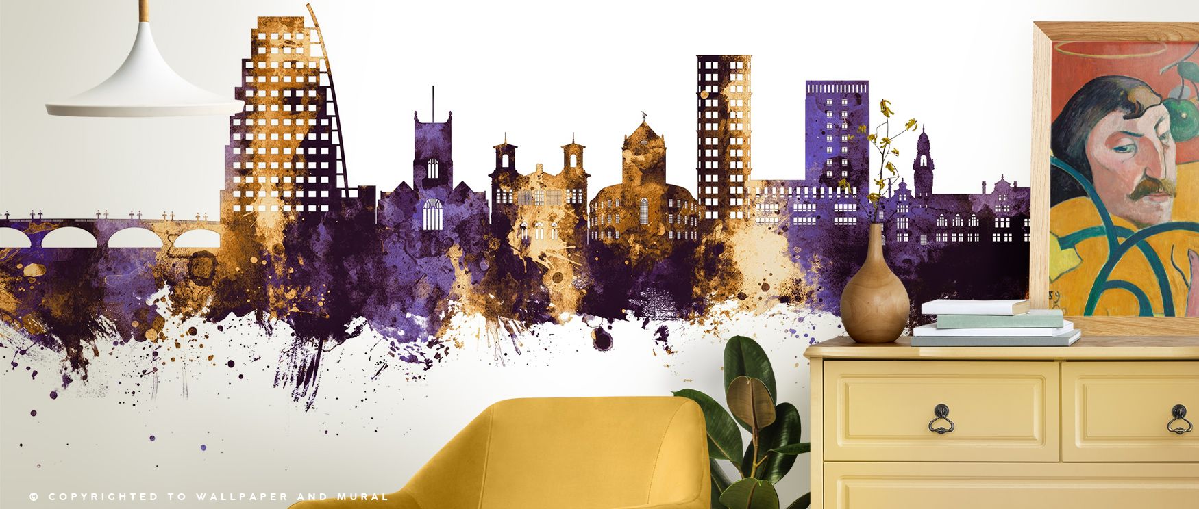 Golden shimmer contrasts with regal purple, creating decorative imagery that enriches living spaces or offices with cultural artistry, elegant rhythm, and refined atmosphere expressed through architectural design. 