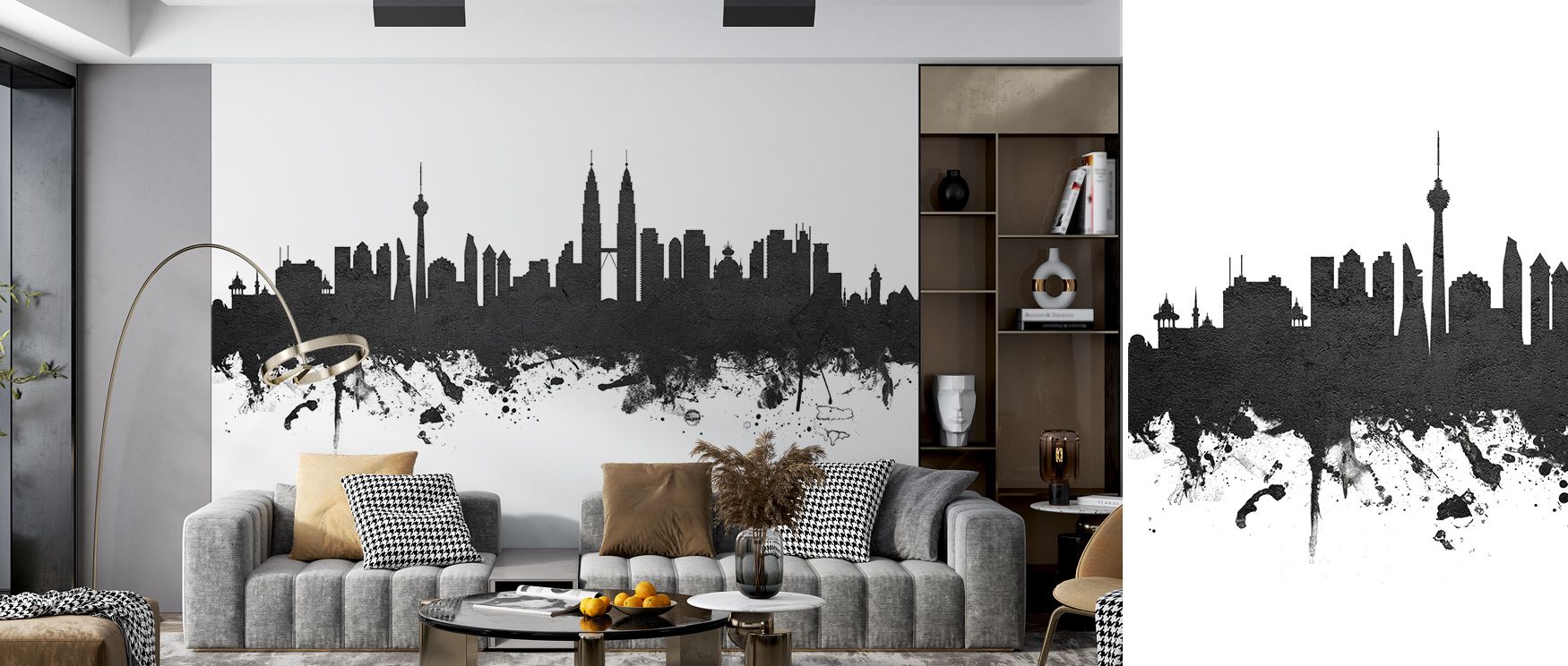 Layered silhouettes outlined in black across pale horizons create imagery that enriches studies or bedrooms with atmosphere steeped in cultural refinement, decorative resonance, and refined artistry expressed in monochrome skyline identity.