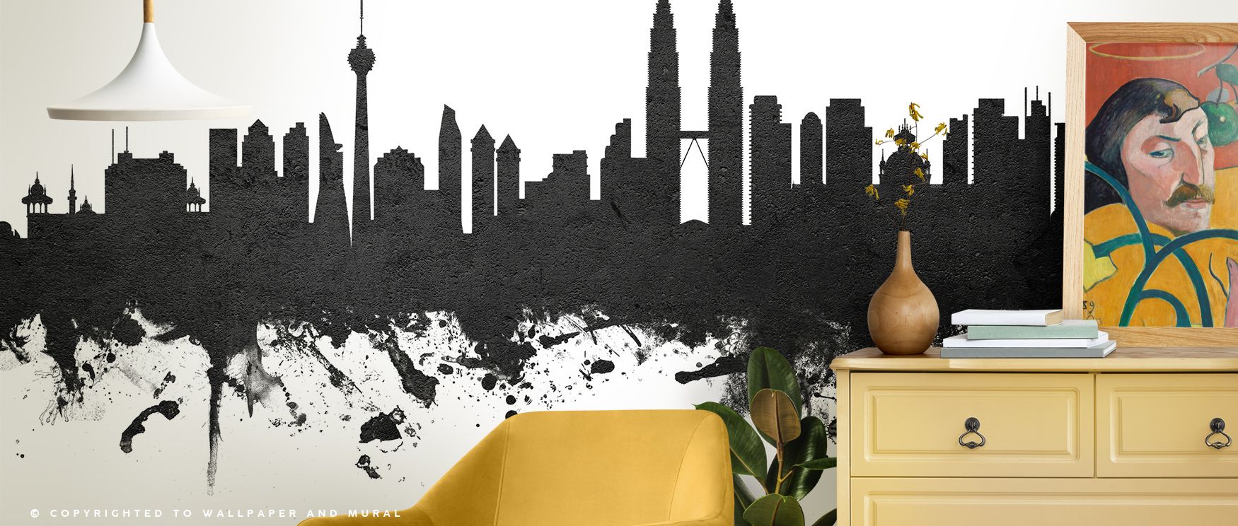 Rhythmic black and white silhouettes rise across skyline, producing imagery that enhances bedrooms or offices with atmosphere steeped in contemplative calm, cultural artistry, and decorative refinement shaped in tonal balance. 