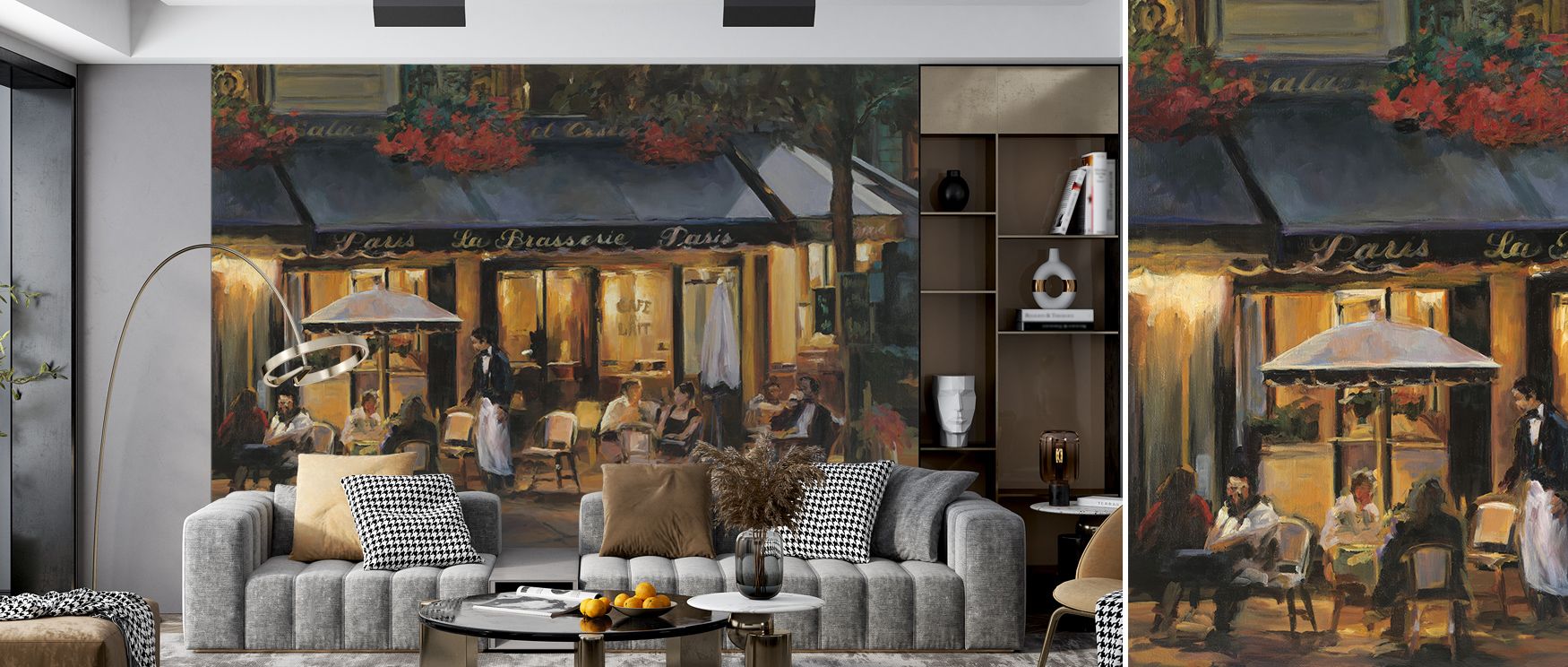 Decorative rhythm of chairs and tables forms visual harmony, producing artistic impression that enhances kitchens, dining areas, or living rooms with French café spirit, creating nostalgic sophistication and timeless decorative refinement.