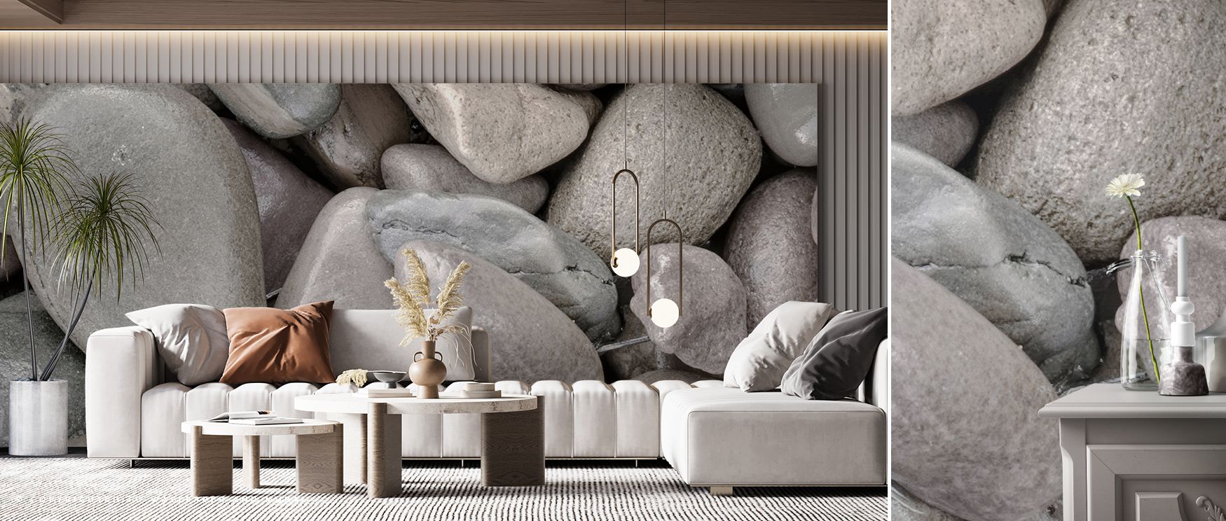 Quiet reflective tones highlight the union of water and stone, creating decorative imagery that enriches living spaces or bedrooms with stillness and elegance inspired by the meditative beauty of natural surroundings. 