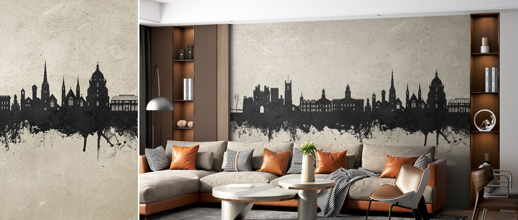 Architectural silhouettes rendered in soft concrete textures provide imagery that enriches bedrooms or offices with atmosphere filled with contemplative calm, decorative artistry, and cultural refinement expressed through subtle tonal shading. 