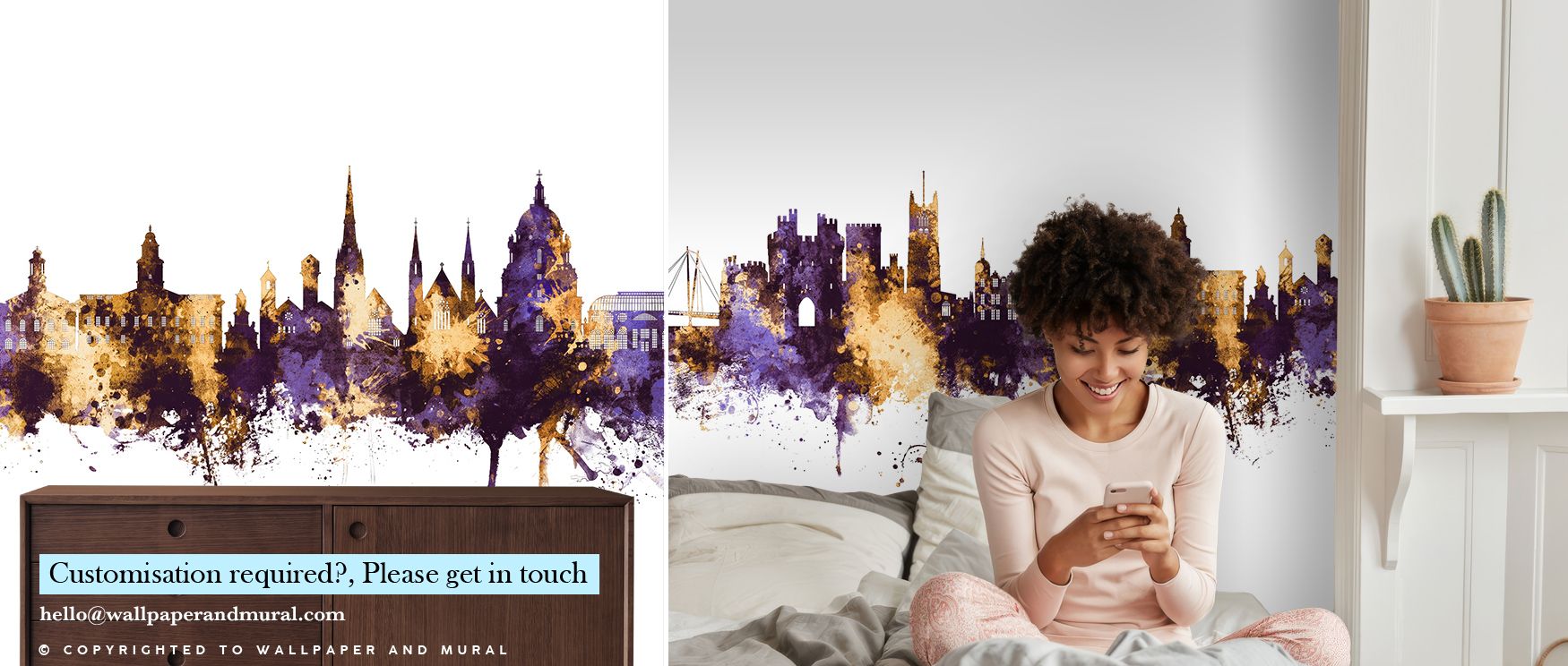 Radiant tones of purple softly transition into golden outlines, establishing decorative harmony that fills offices or bedrooms with contemplative atmosphere, refined artistry, and cultural resonance expressed in regal silhouettes layered across the horizo