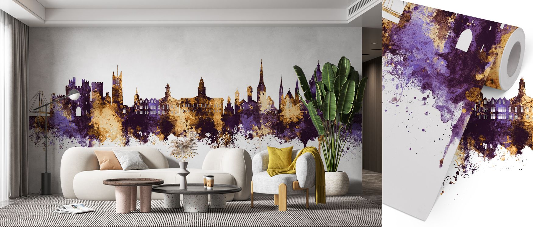 Flow of purple hues blends with luminous golden accents across silhouettes, producing imagery that enhances bedrooms or offices with refined artistry, contemplative calm, and regal decorative rhythm, turning walls into cultural expressions filled with sop
