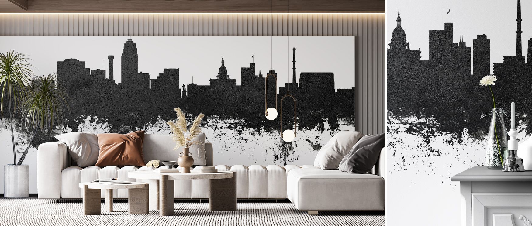 Pale horizons soften behind black outlines of skyline structures, producing imagery that enriches bedrooms or offices with atmosphere filled with cultural charm, decorative artistry, and refined resonance shaped through balanced contrasts. 