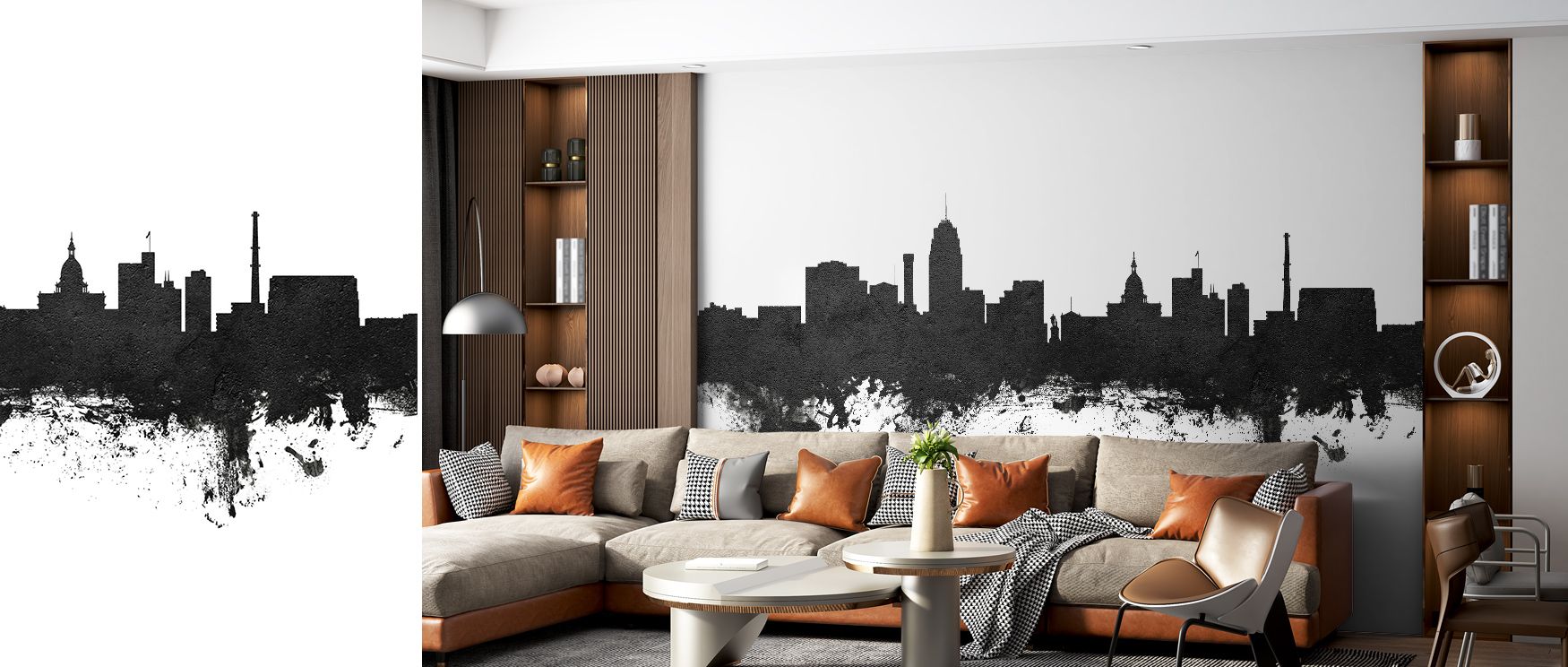Rhythm emerges through interplay of shadow and highlight across skyline silhouettes, creating imagery that enhances offices or bedrooms with refined atmosphere, contemplative calm, and decorative artistry expressed in monochrome tonal design. 