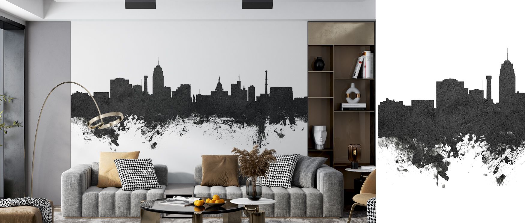 Tonal layers of black and white silhouette architecture with precision, producing imagery that enhances bedrooms or offices with atmosphere steeped in cultural artistry, contemplative calm, and decorative refinement shaped in urban design.