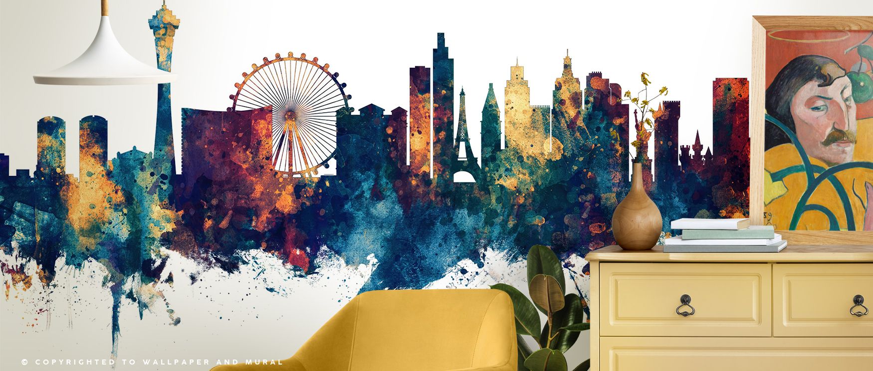 Deep blue horizons soften beneath bronze shimmer, creating decorative imagery that enhances bedrooms or offices with atmosphere steeped in cultural resonance, refined artistry, and balanced vibrancy expressed in skyline composition. 