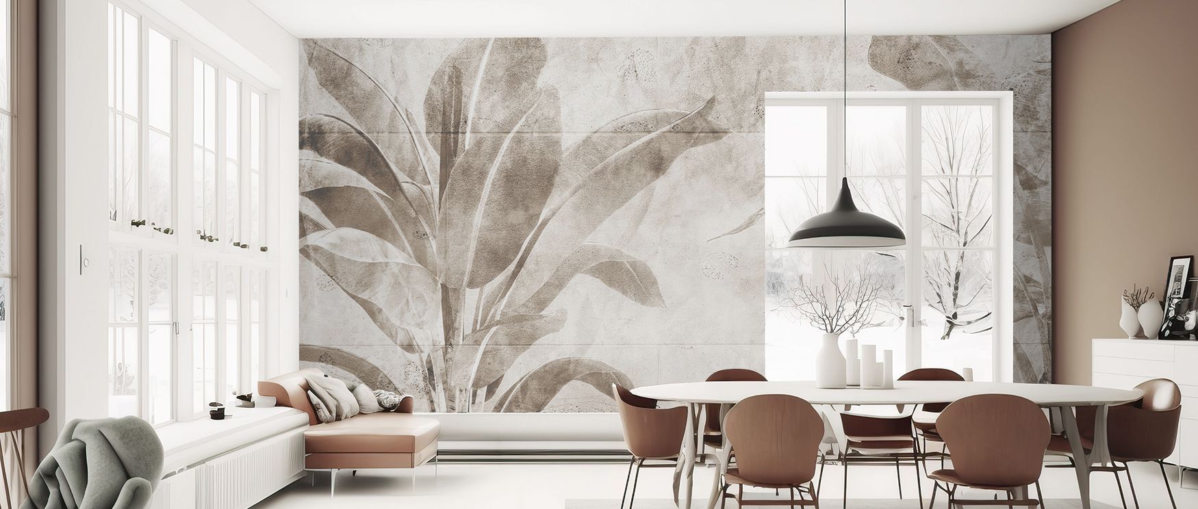 Shaded contours of botanical motifs create imagery that enhances living rooms or offices with atmosphere filled with refined calm, cultural sophistication, and decorative artistry shaped in delicate leafy rhythm. 