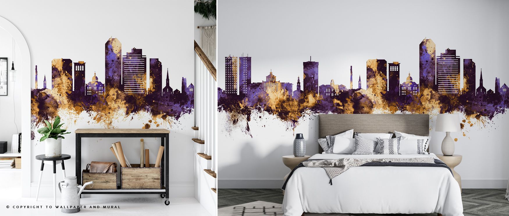 Purple gradients layered with golden accents illuminate skyline silhouettes, producing imagery that enriches living rooms or offices with atmosphere steeped in cultural resonance, decorative refinement, and regal artistry shaped in layered composition of 