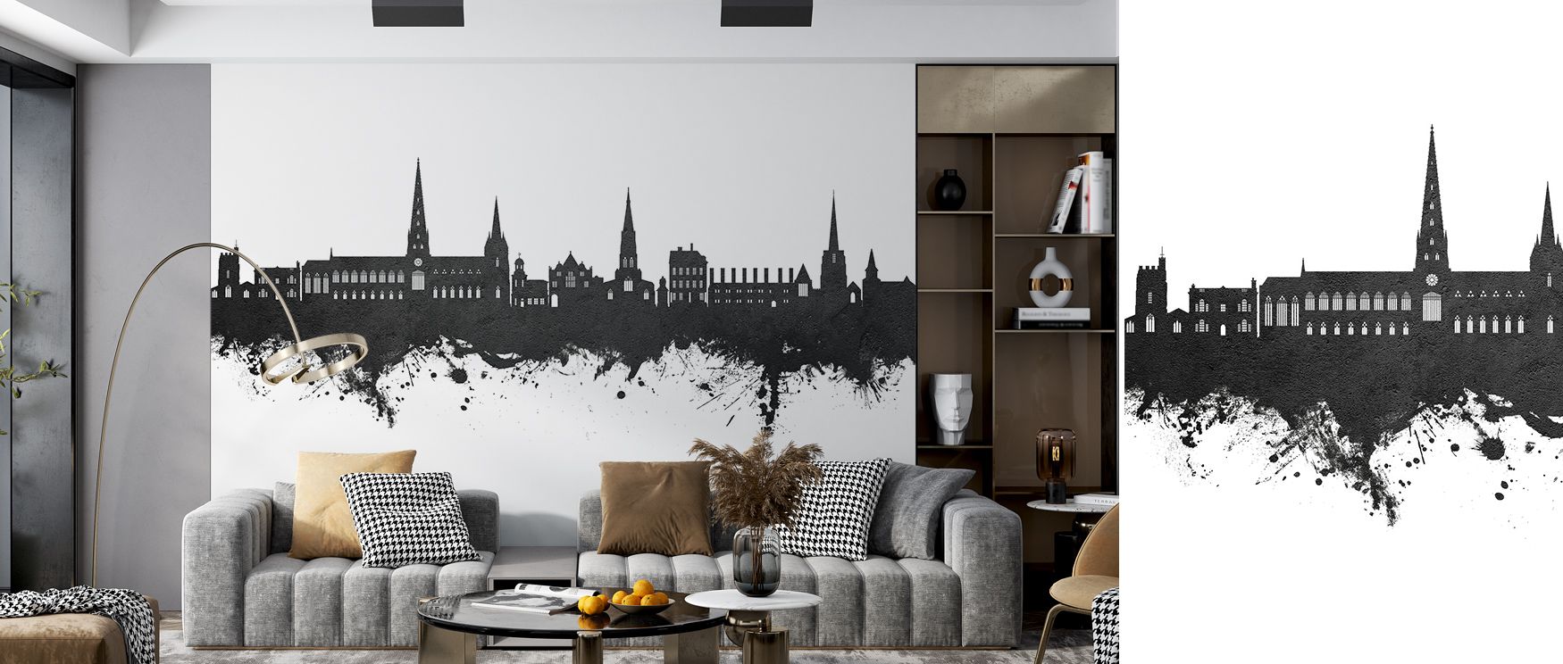 Rhythmic silhouettes outlined in black contrast against pale horizons, producing imagery that enriches living spaces or offices with atmosphere filled with contemplative calm, cultural refinement, and decorative resonance expressed through urban artistry.
