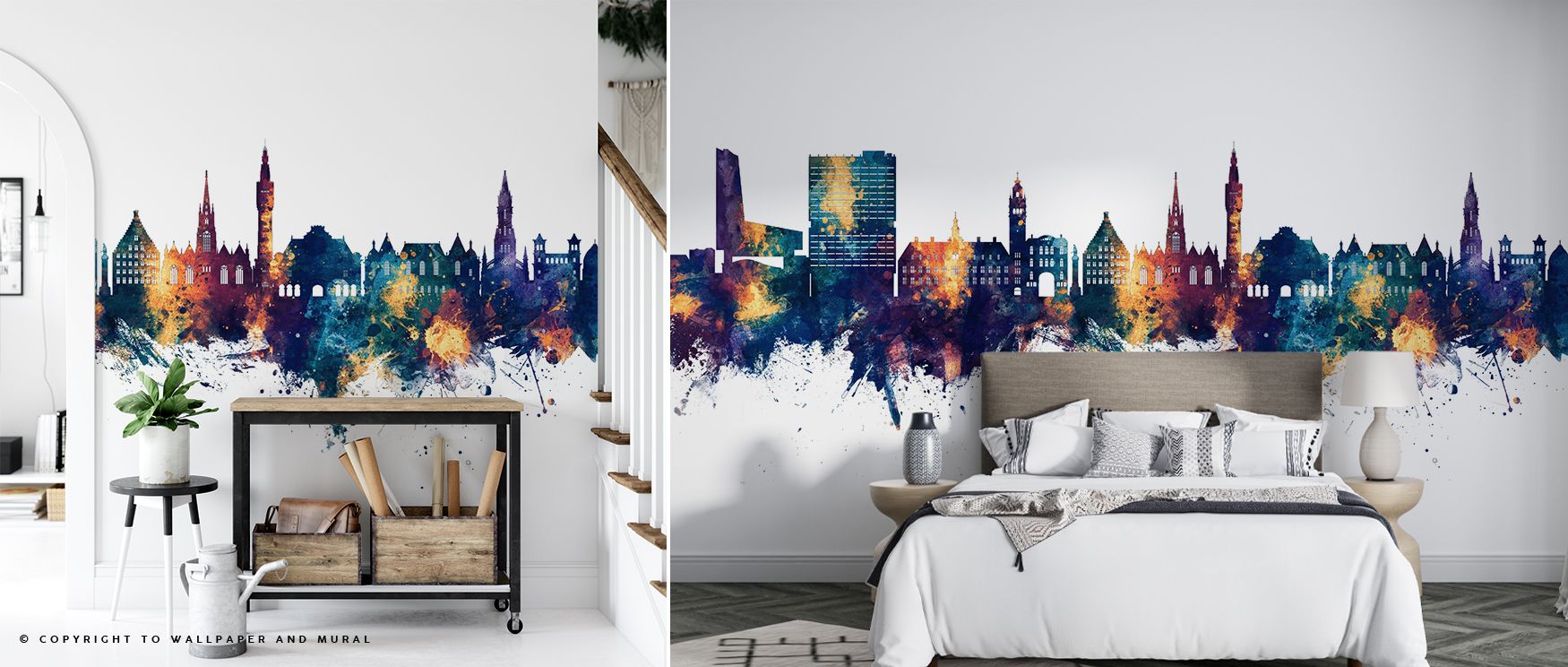Bronze highlights shimmer across deep blue horizons layered with silhouettes, producing imagery that enriches living rooms or offices with atmosphere steeped in cultural refinement, decorative resonance, and elegant artistry expressed through tonal harmon