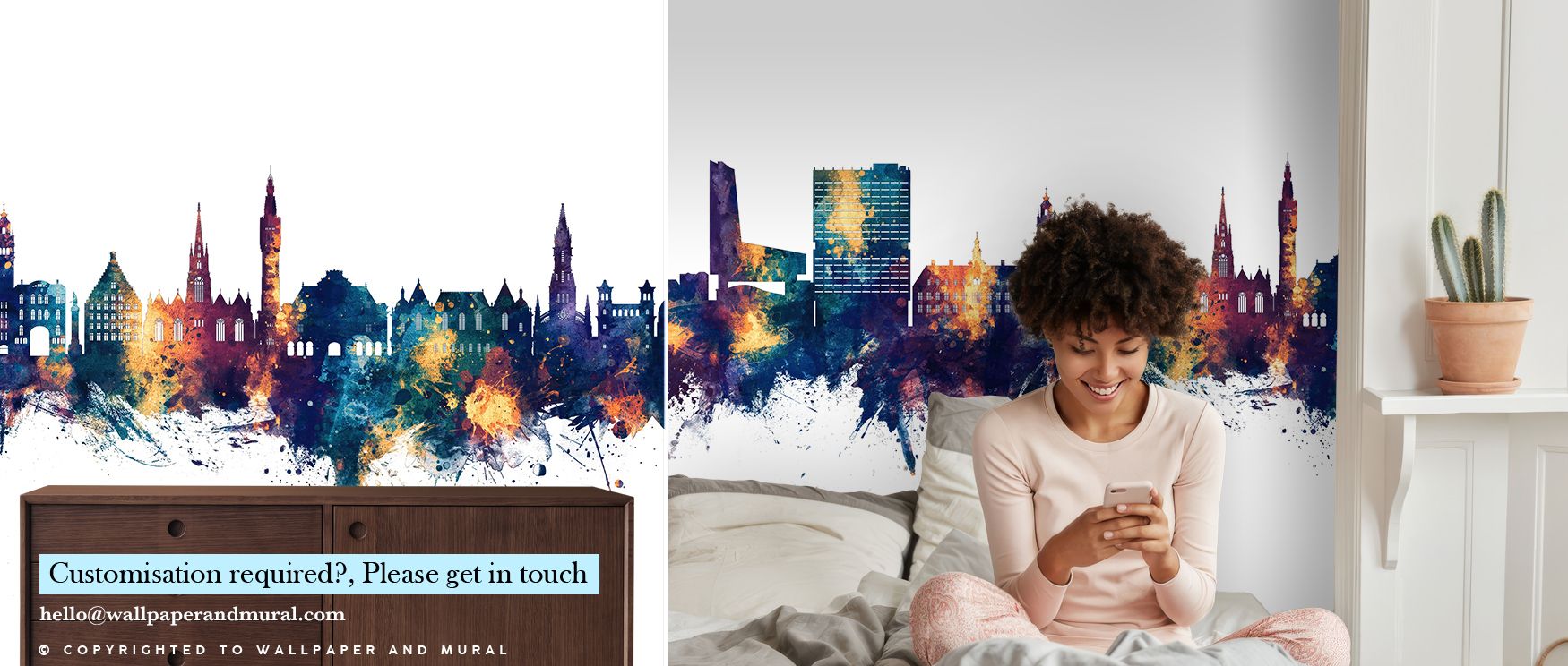 Skyline forms outlined in bronze tones stretch across deep blue, producing imagery that enhances bedrooms or offices with atmosphere filled with contemplative calm, cultural refinement, and decorative charm expressed in radiant tonal balance. 