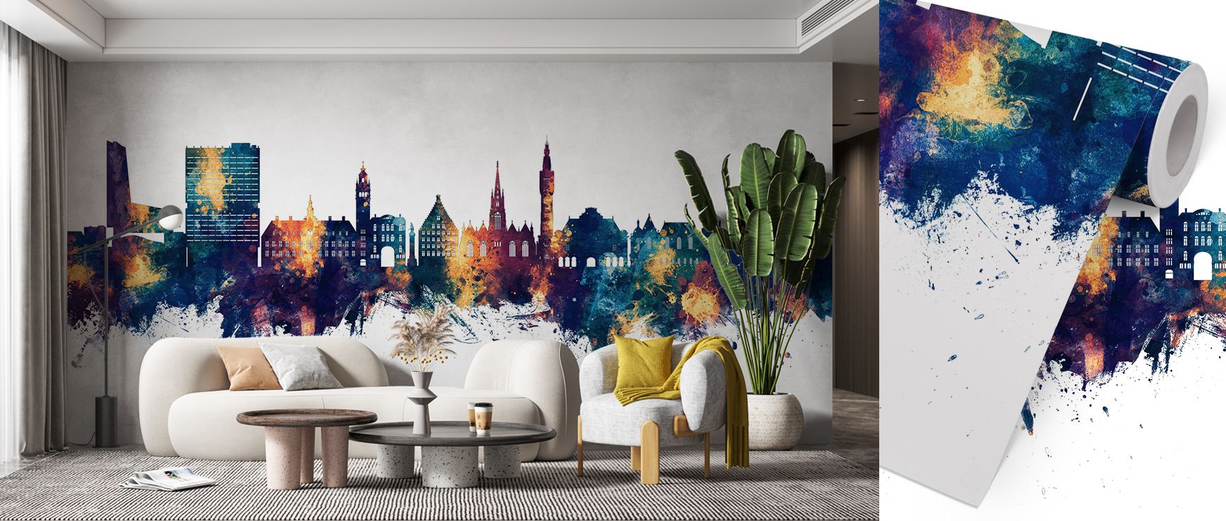Layers of radiant bronze highlight skyline silhouettes in blue depth, producing imagery that enriches living spaces or offices with atmosphere filled with cultural resonance, decorative refinement, and artistic sophistication expressed in harmonious skyli