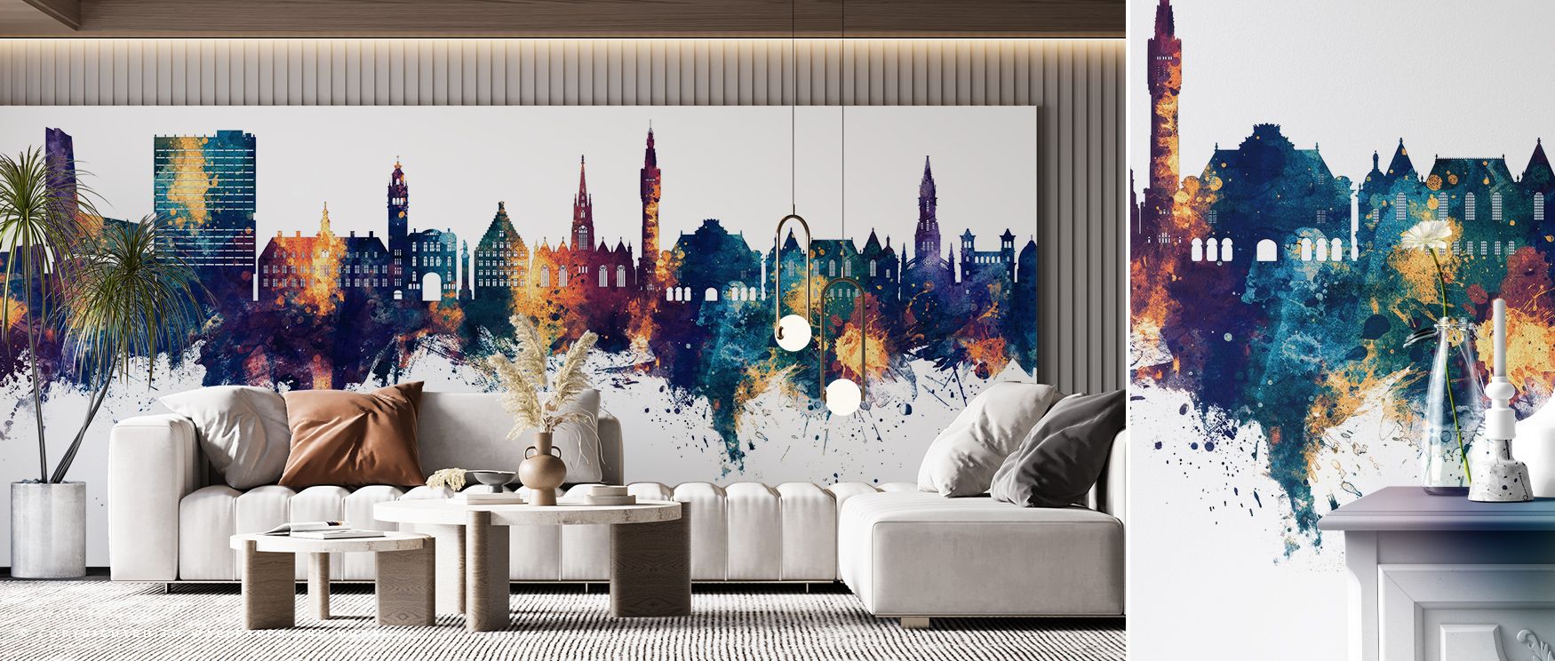 Bronze shimmer flows across layered blue horizons, producing imagery that enhances offices or bedrooms with atmosphere steeped in cultural refinement, decorative artistry, and contemplative charm expressed in radiant skyline composition. 
