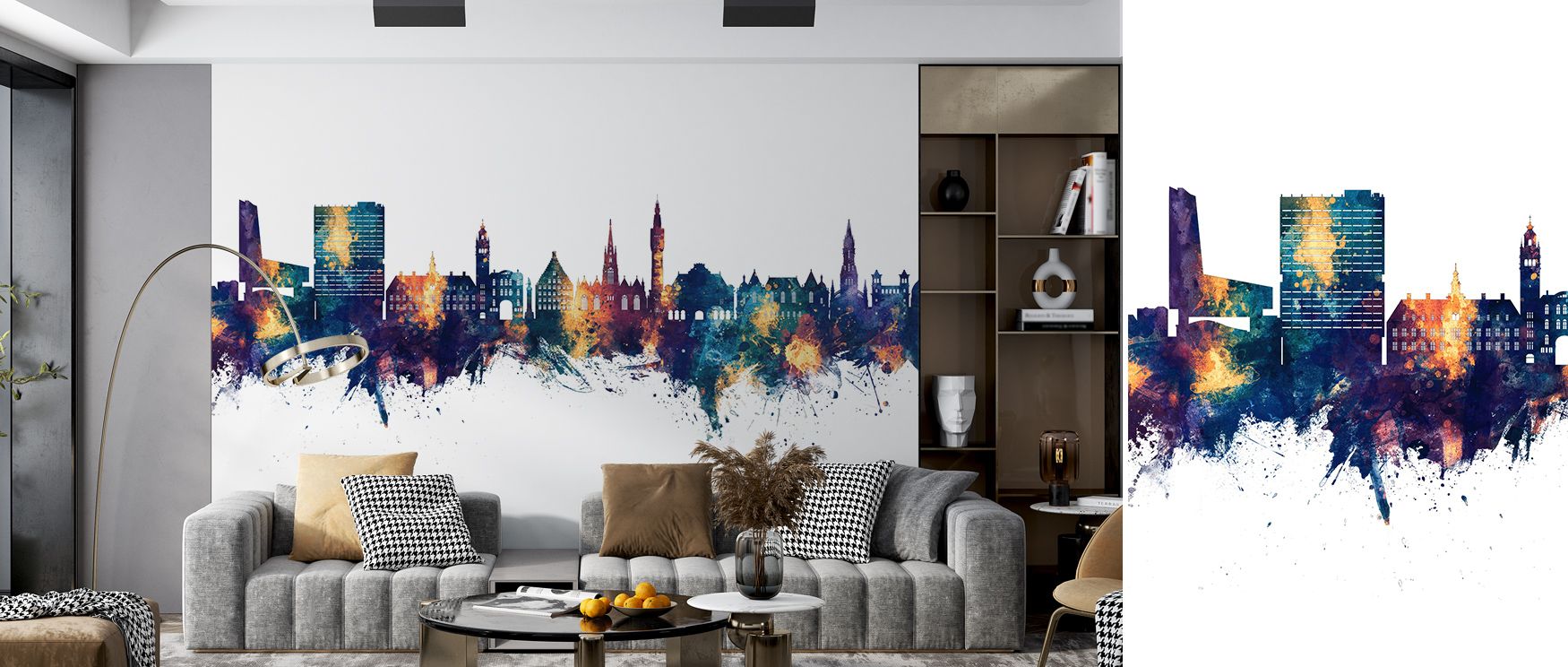 Architectural silhouettes glow with bronze accents over blue gradients, producing imagery that enriches living rooms or offices with atmosphere filled with contemplative calm, cultural resonance, and decorative refinement expressed in tonal rhythm. 