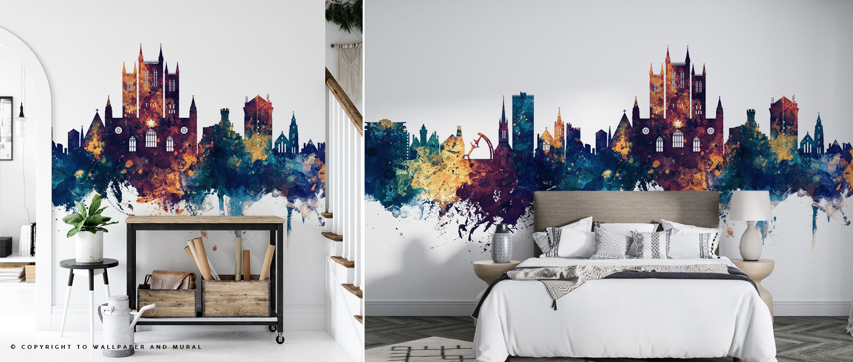 Blue horizons layered with glowing bronze highlights across skyline silhouettes produce imagery that enriches living rooms or offices with atmosphere filled with cultural resonance, decorative refinement, and sophisticated calm shaped in tonal rhythm and 