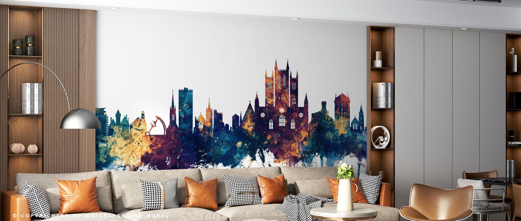Layers of blue and bronze create decorative rhythm across skyline silhouettes, producing imagery that enriches living areas or offices with atmosphere filled with cultural resonance, artistic sophistication, and contemplative calm expressed in tonal contr