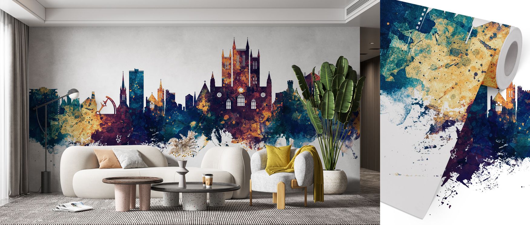 Skyline forms outlined in bronze shimmer against blue horizons, producing imagery that enriches living rooms or offices with atmosphere filled with contemplative calm, decorative elegance, and cultural refinement shaped in radiant tonal design. 