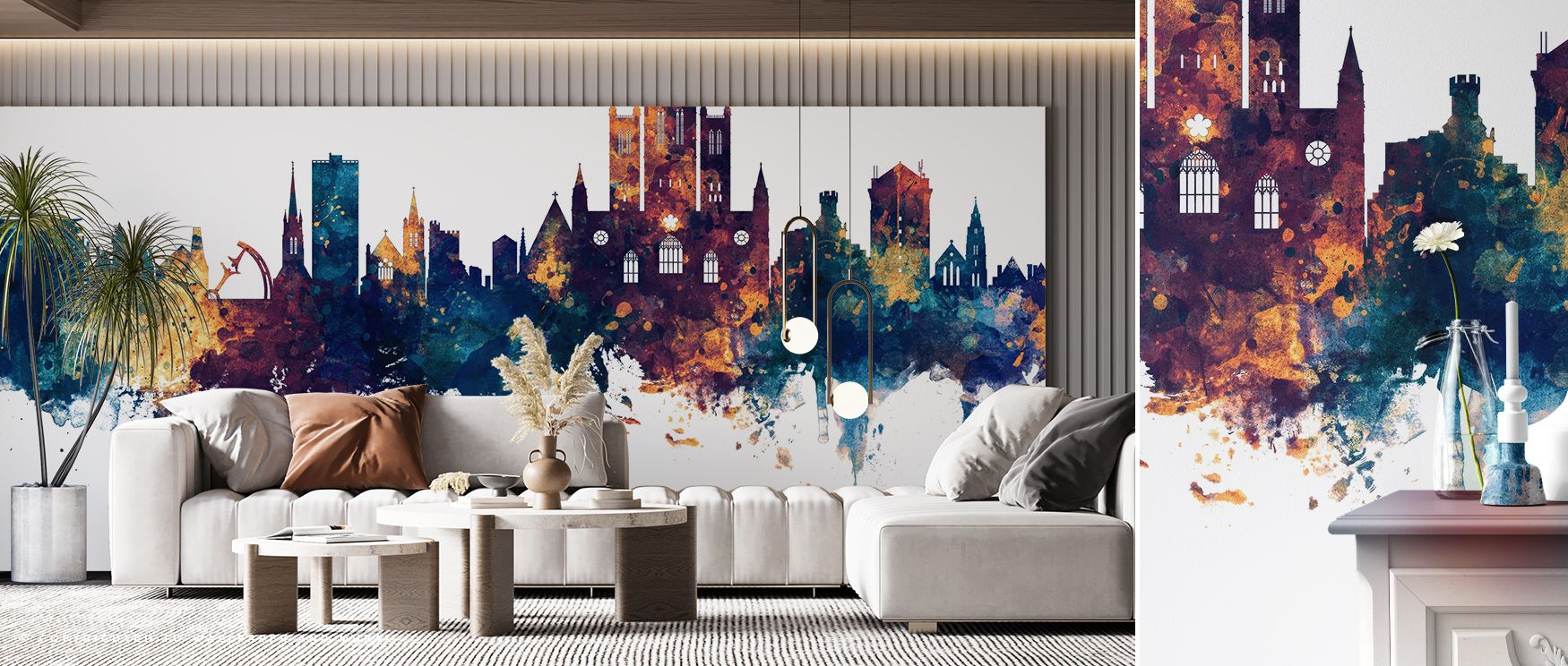 Glowing bronze highlights layered across skyline silhouettes in blue tones create imagery that enhances bedrooms or offices with atmosphere steeped in decorative refinement, cultural resonance, and contemplative calm expressed in regal vibrancy. 