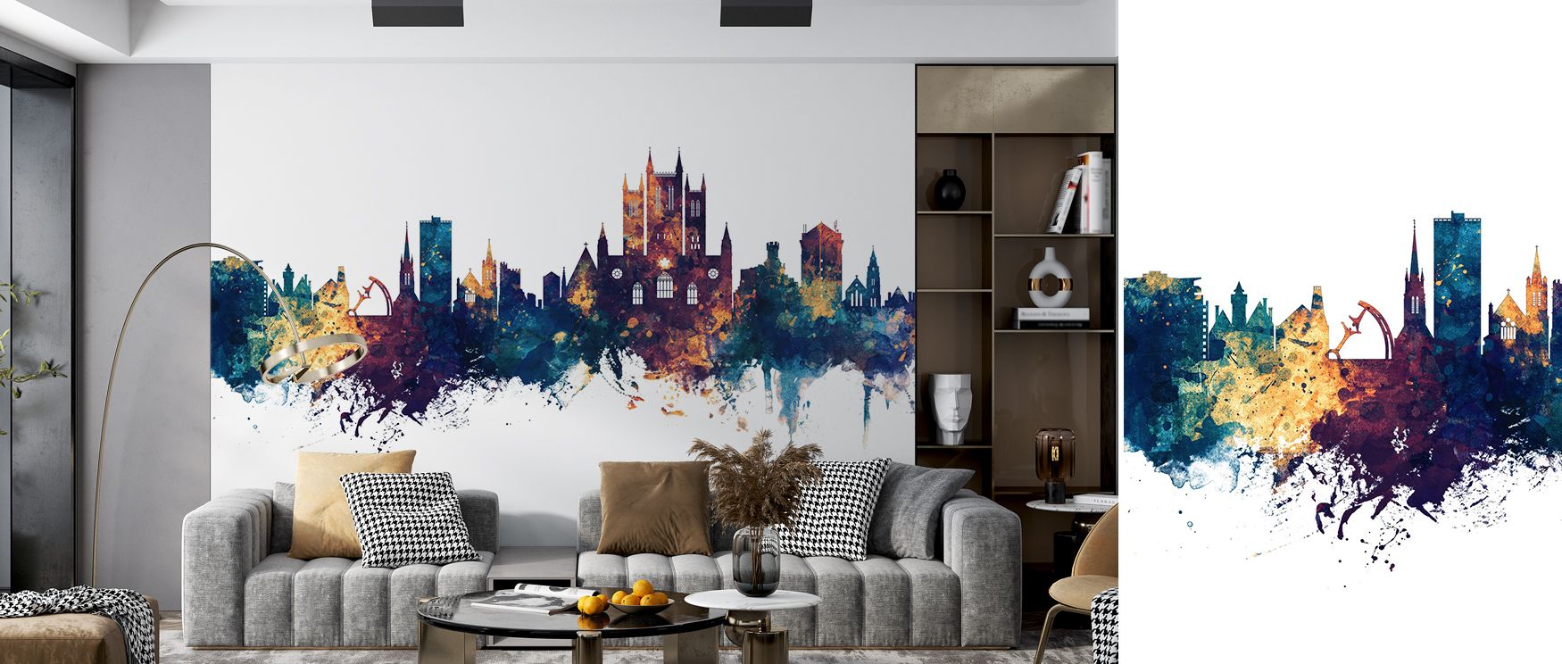 Blue gradients merge with bronze shimmer across architectural silhouettes, producing imagery that enriches living spaces or offices with atmosphere filled with cultural refinement, decorative rhythm, and contemplative artistry expressed in tonal harmony. 