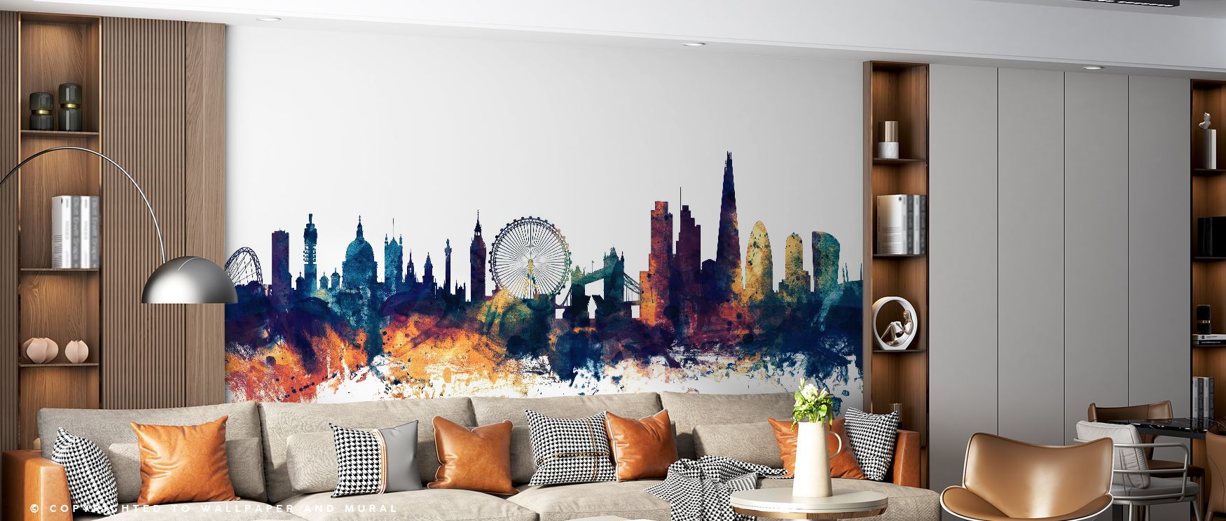 Iconic silhouettes layered across horizons illuminated in bronze and blue produce imagery that enriches living areas or offices with atmosphere steeped in decorative refinement, cultural resonance, and contemplative charm expressed in tonal composition. 