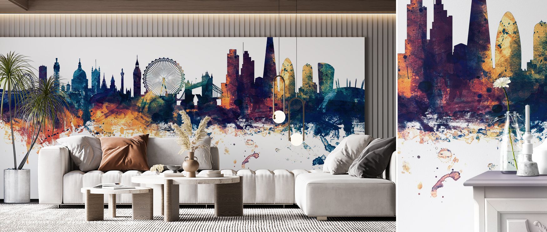 London’s skyline outlined in radiant bronze over deep blue tones creates imagery that enhances bedrooms or offices with atmosphere filled with cultural resonance, decorative elegance, and contemplative calm expressed in tonal rhythm. 