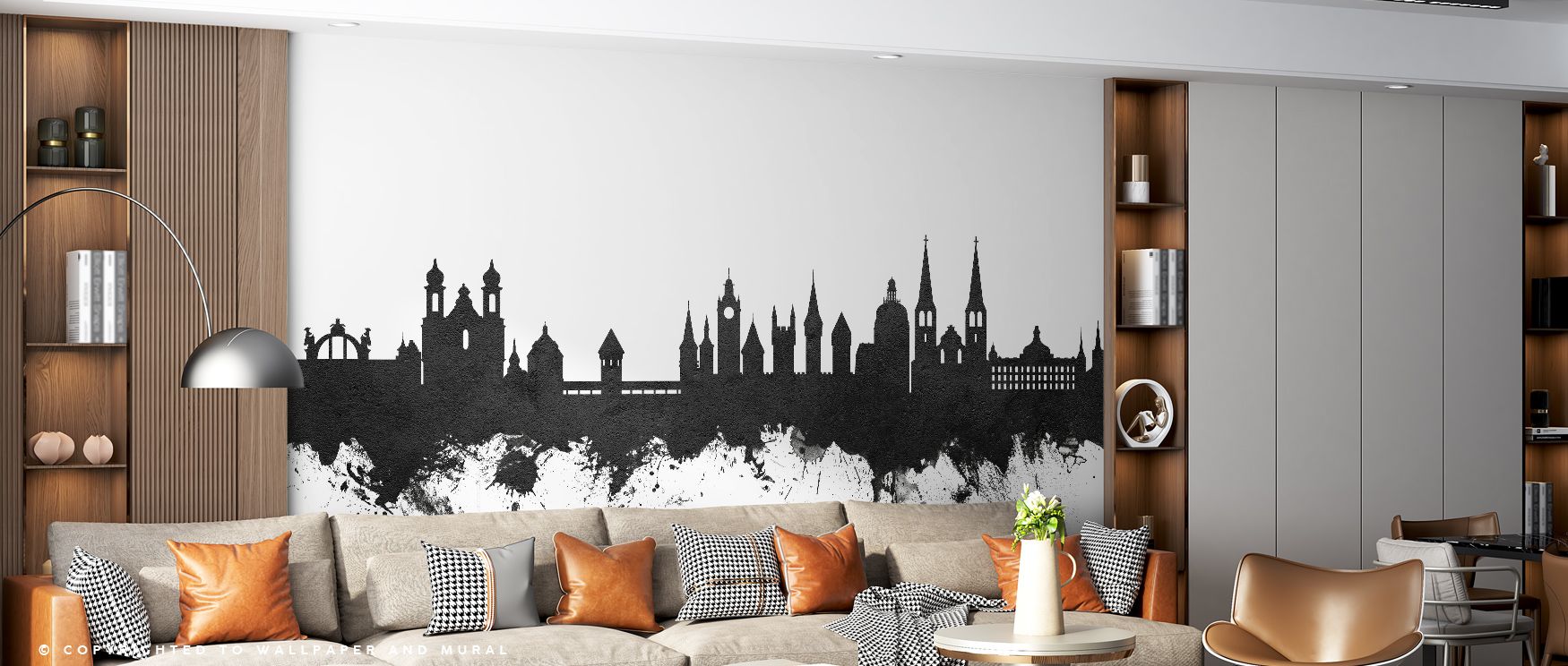 Pale horizons contrast with dark silhouettes layered across skyline, producing imagery that enhances bedrooms or offices with atmosphere steeped in cultural refinement, decorative elegance, and contemplative calm expressed in timeless urban artistry and b