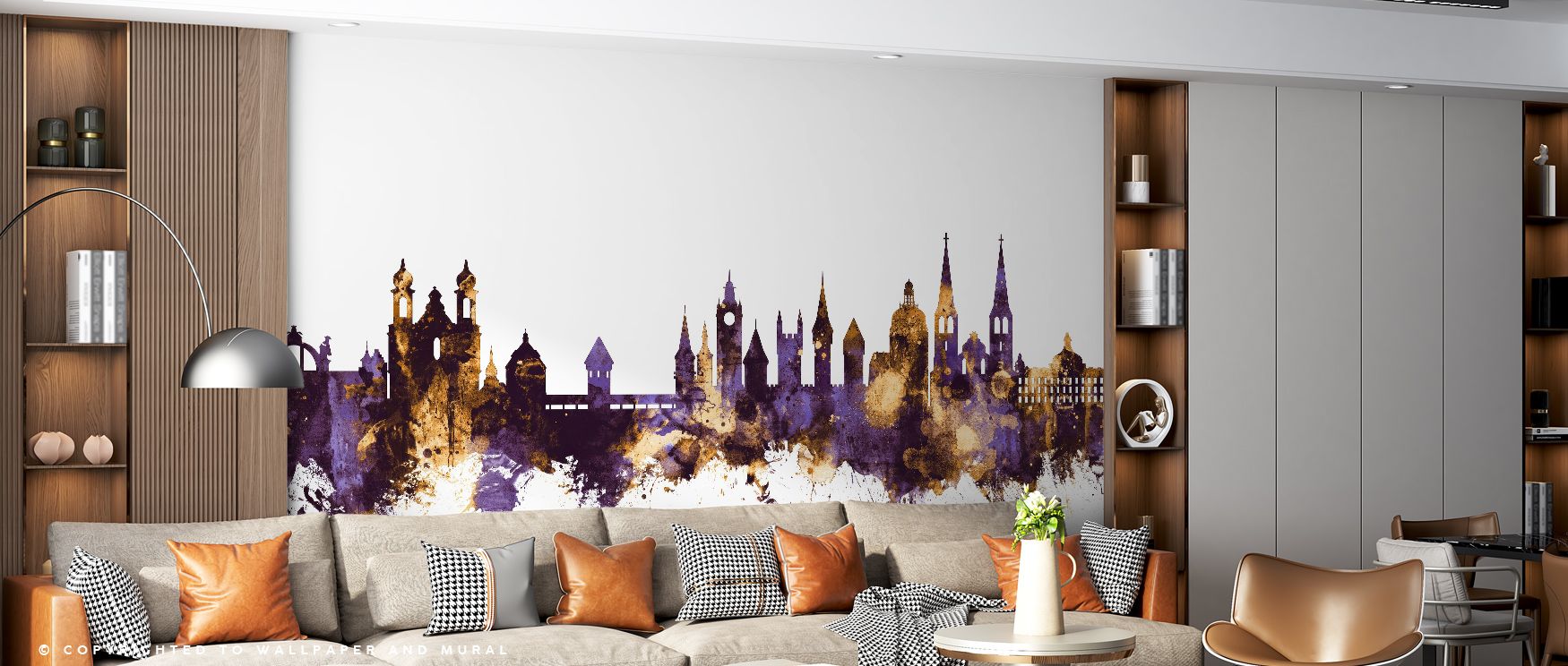 Skyline forms outlined in gold shimmer layered over purple tones create imagery that enhances bedrooms or offices with atmosphere filled with contemplative calm, cultural resonance, and decorative refinement expressed in regal tonal harmony. 