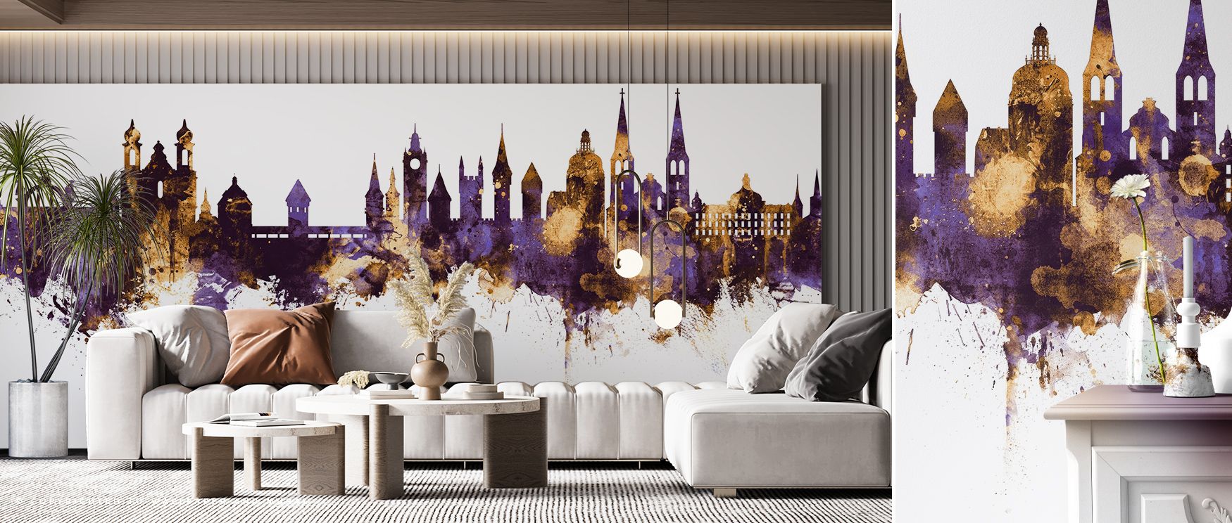 Golden highlights glow across purple skyline depths, producing imagery that enriches living spaces or offices with atmosphere steeped in cultural artistry, decorative resonance, and contemplative calm expressed in radiant skyline composition. 