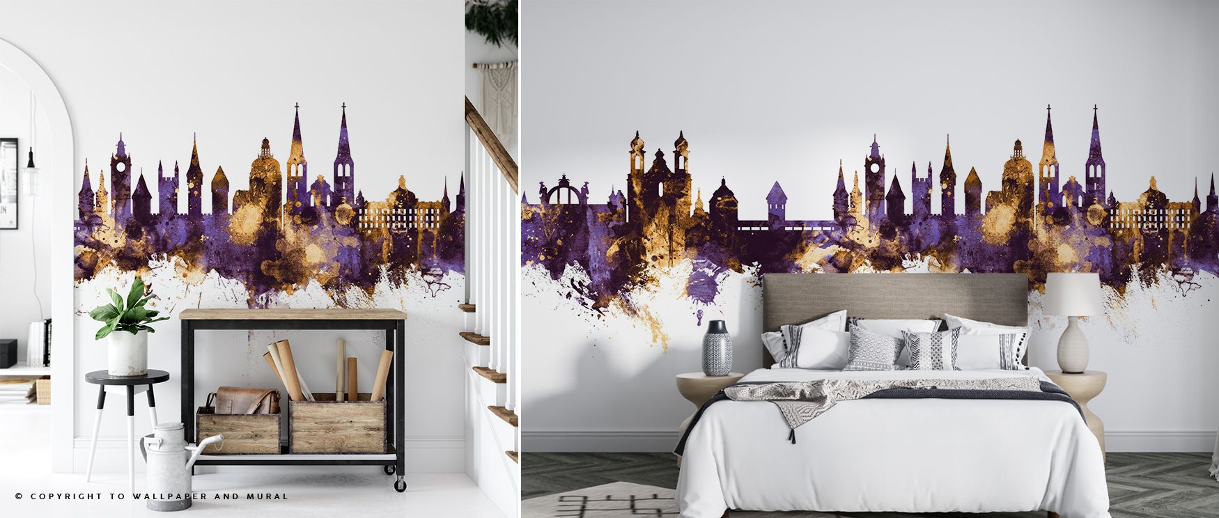 Radiant purple horizons illuminated with golden skyline forms create imagery that enriches living rooms or offices with atmosphere steeped in cultural resonance, decorative sophistication, and contemplative calm expressed in regal vibrancy. 