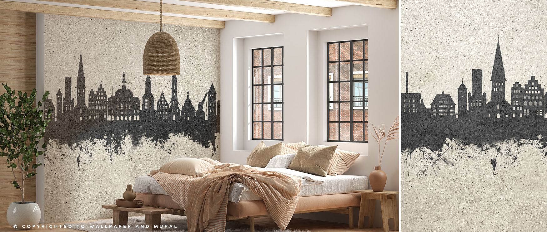 Shadows cast in concrete texture outline skyline silhouettes, producing imagery that enriches bedrooms or offices with atmosphere steeped in cultural resonance, decorative refinement, and contemplative calm expressed through restrained design and balanced