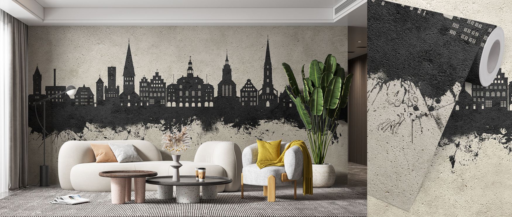 Architectural skyline structures defined by textured tones produce imagery that enhances living rooms or offices with atmosphere filled with cultural charm, decorative refinement, and contemplative calm expressed in balanced concrete design. 